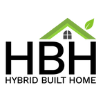 Hybrid Built Home Logo, it has in black the letter H, B, H with a green roof over it and a green leaf coming out of the roof to emphazie the companys green practices.