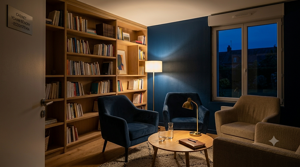 Photo du cabinet de Yoann Bénony, ambiance chaleureuse, fauteuils bleus et beiges, bibliothèque en bois, lumière douce