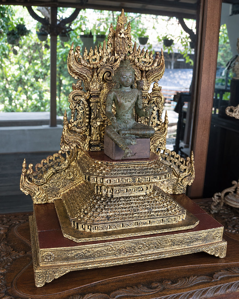 Thumbnail: Mid-20th Century Indonesian Bronze Sculpture of Manjusri on an Antique Thai Budd