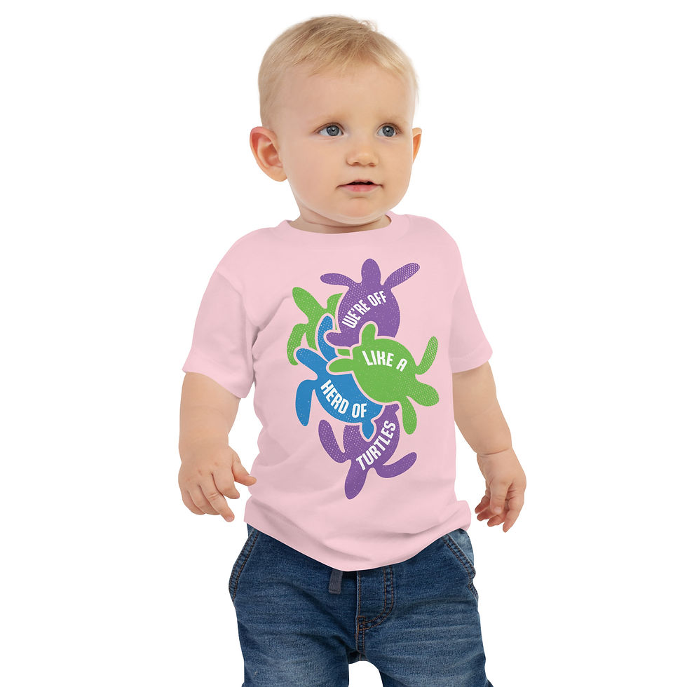 Thumbnail: A pink t-shirt for babies featuring the phrase 'Off Like a Herd of Turtles' with playful turtle illustrations heading in dif