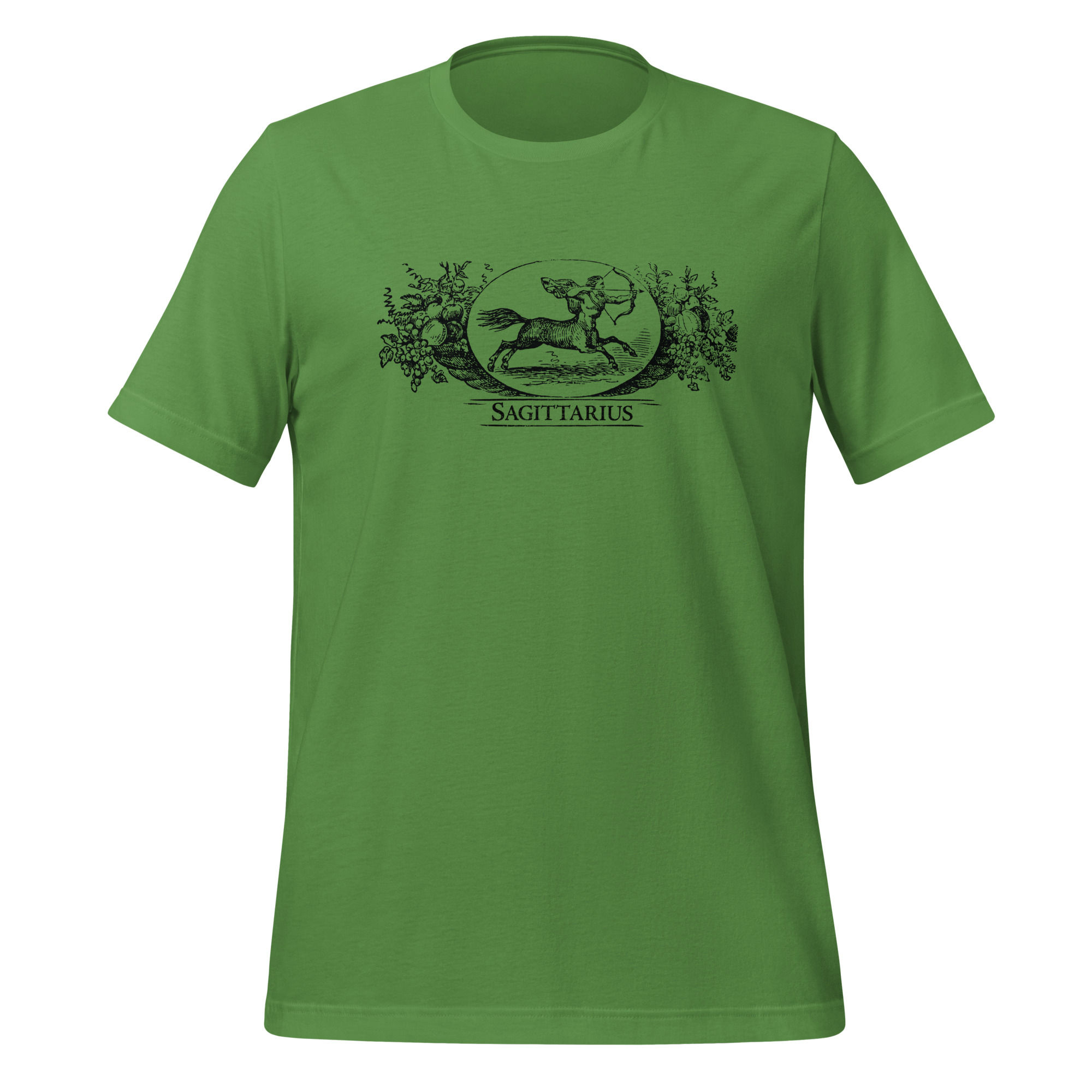 A leaf colored t-shirt featuring a wood etching of the Sagittarius zodiac sign from the 1864 Old Farmer's Almanac.