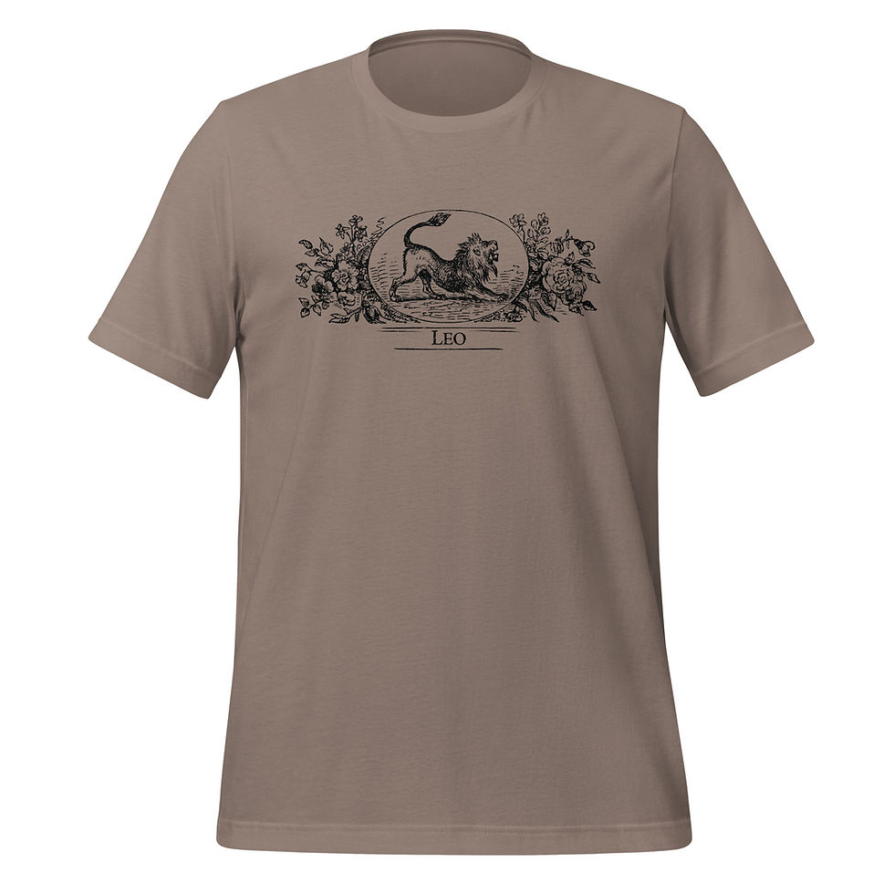 Thumbnail: A pebble colored t-shirt featuring a wood etching of the Leo zodiac sign from the 1864 Old Farmer's Almanac.