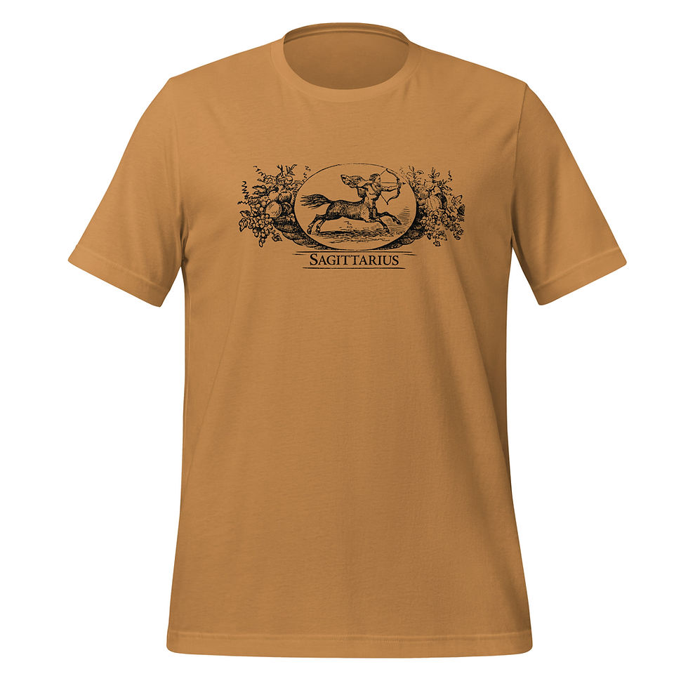 Thumbnail: A toast colored t-shirt featuring a wood etching of the Sagittarius zodiac sign from the 1864 Old Farmer's Almanac.