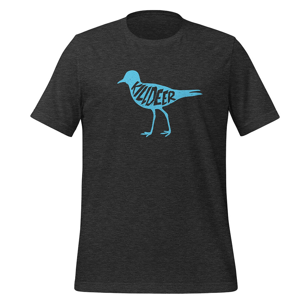 Thumbnail: Dark shirt featuring a blue silhouette of a Killdeer, with artistic text inside indicating the bird species.