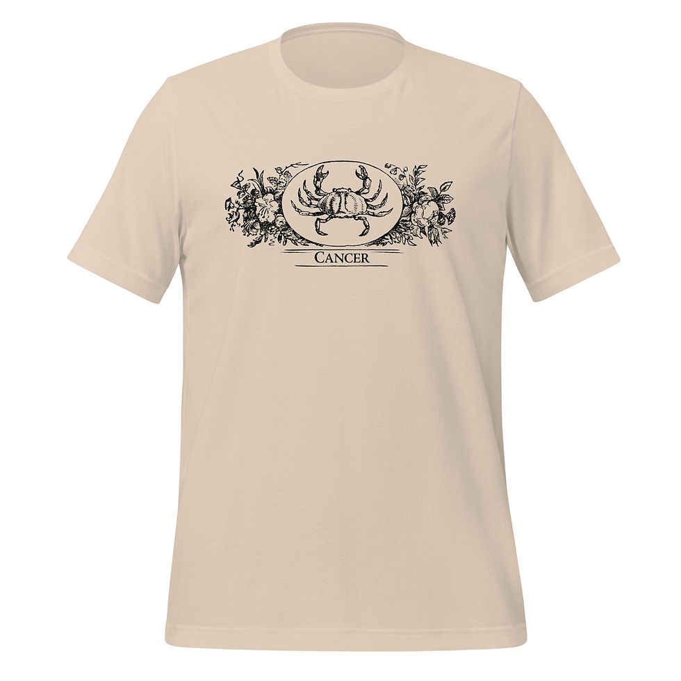 Thumbnail: A tan colored t-shirt featuring a wood etching of the Cancer zodiac sign from the 1864 Old Farmer's Almanac.