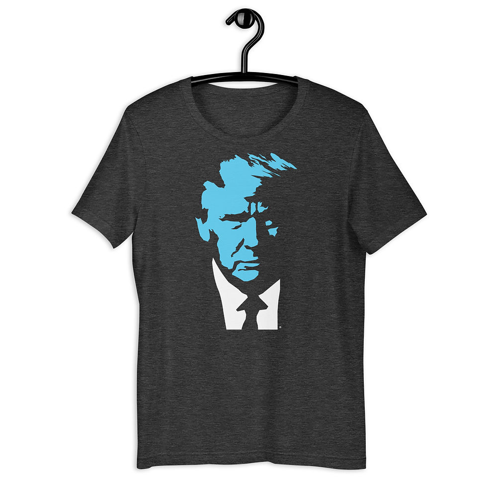 Thumbnail: Dark grey t-shirt showcasing a contemporary cyan portrait design of Donald Trump.
