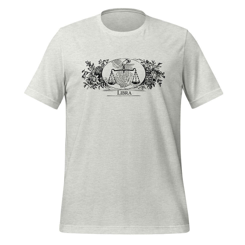 Thumbnail: An ash colored t-shirt featuring a wood etching of the Libra zodiac sign from the 1864 Old Farmer's Almanac.
