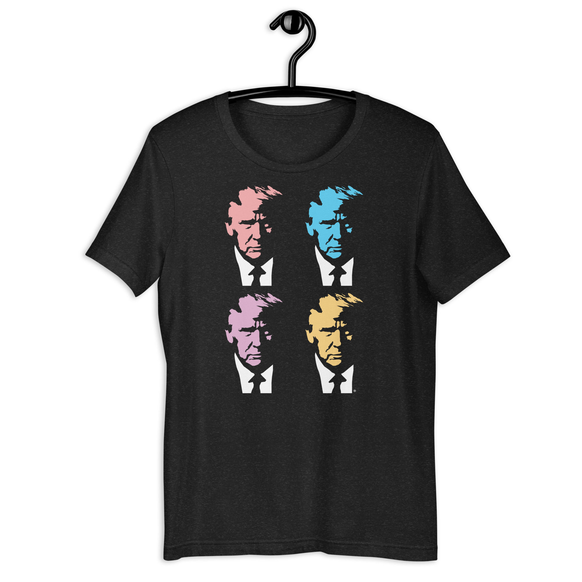 Black t-shirt featuring four colorful graphic portraits of Donald Trump arranged in a pop-art grid.