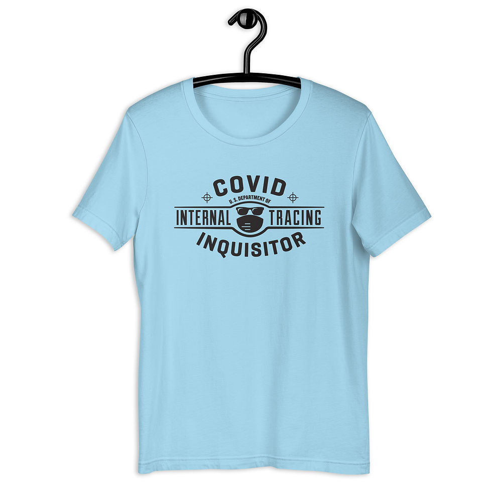 Thumbnail: Ocean blue T-shirt featuring “COVID Inquisitor” and “Internal Department of Internal Tracing” in black type