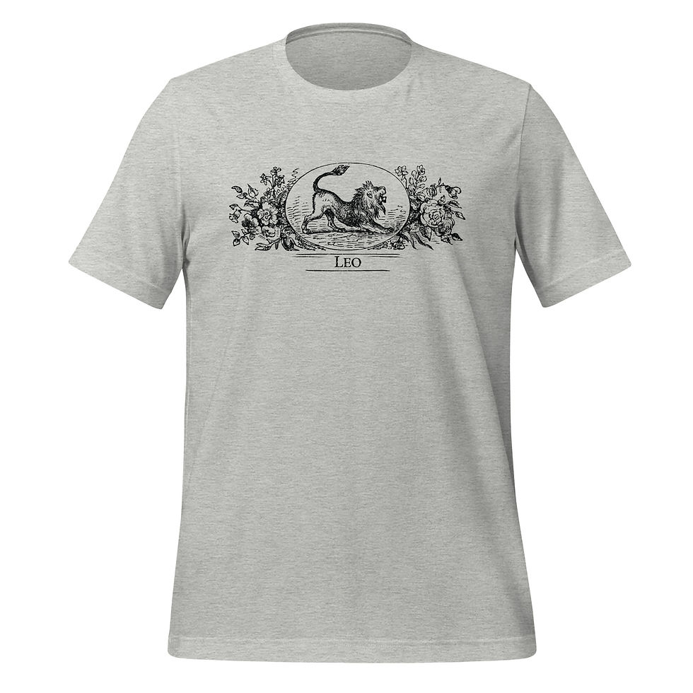Thumbnail: An athletic colored t-shirt featuring a wood etching of the Leo zodiac sign from the 1864 Old Farmer's Almanac.