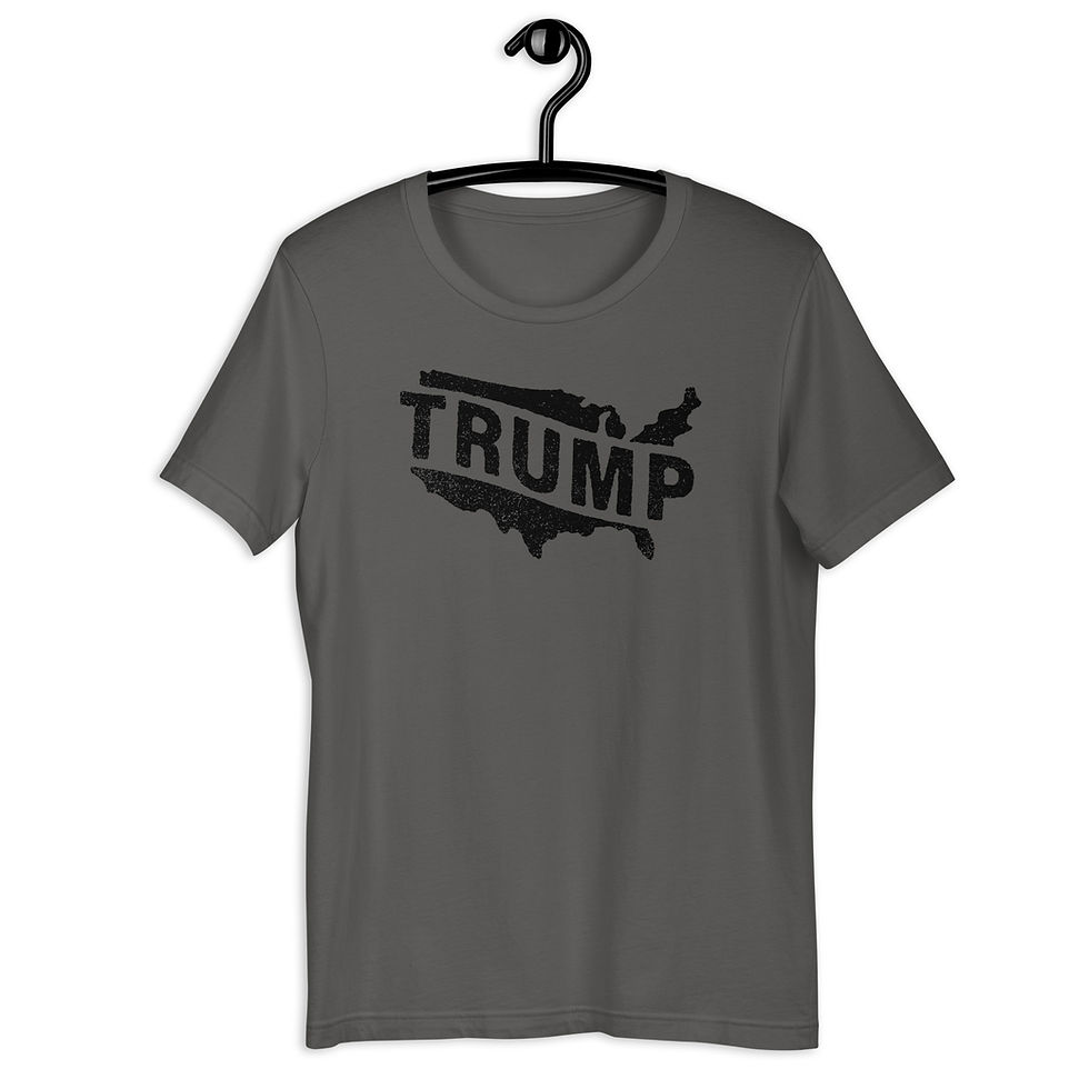 Army-green tee, outline of USA with "TRUMP" in ribbon style across United States.