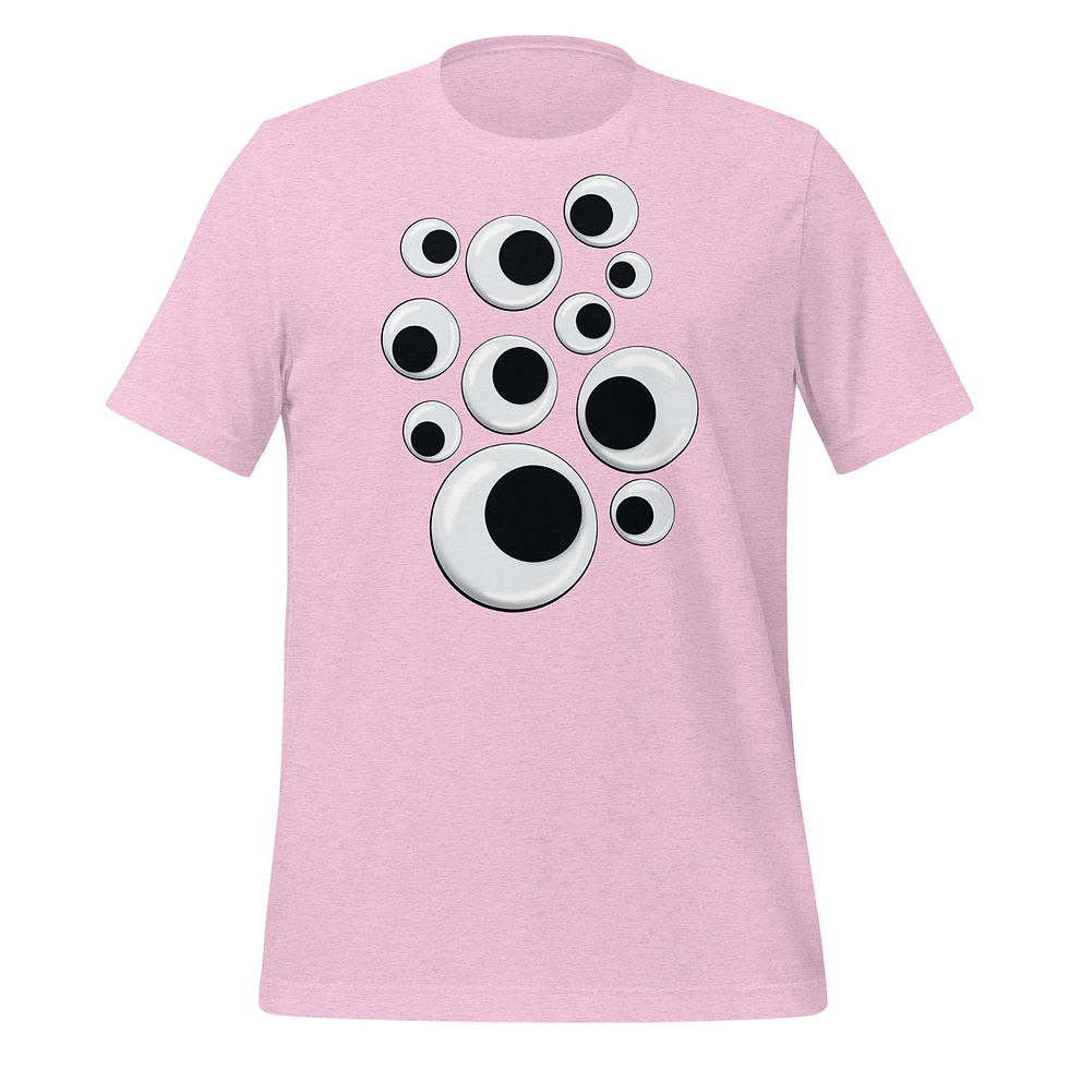 Thumbnail: Lilac t-shirt adorned with a playful array of googly eyes in various sizes, each looking in different directions.