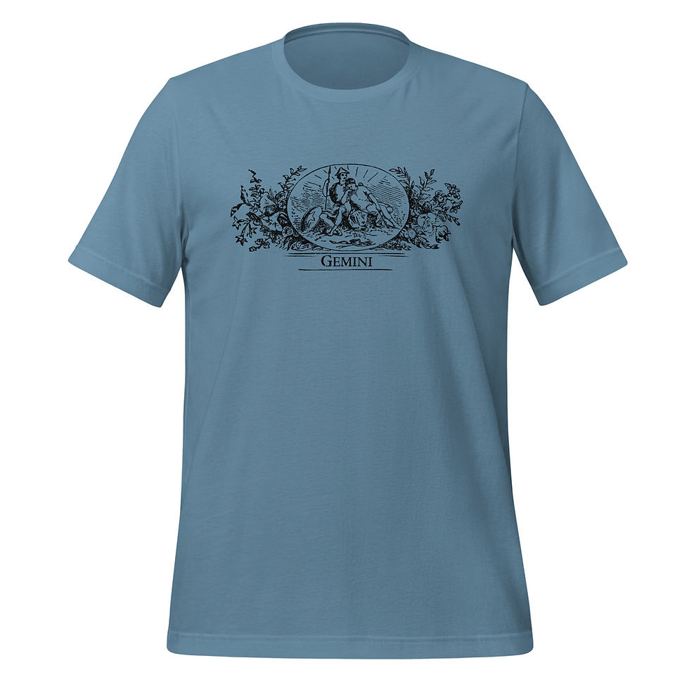 Thumbnail: A steel blue colored t-shirt featuring a wood etching of the Gemini zodiac sign from the 1864 Old Farmer's Almanac.