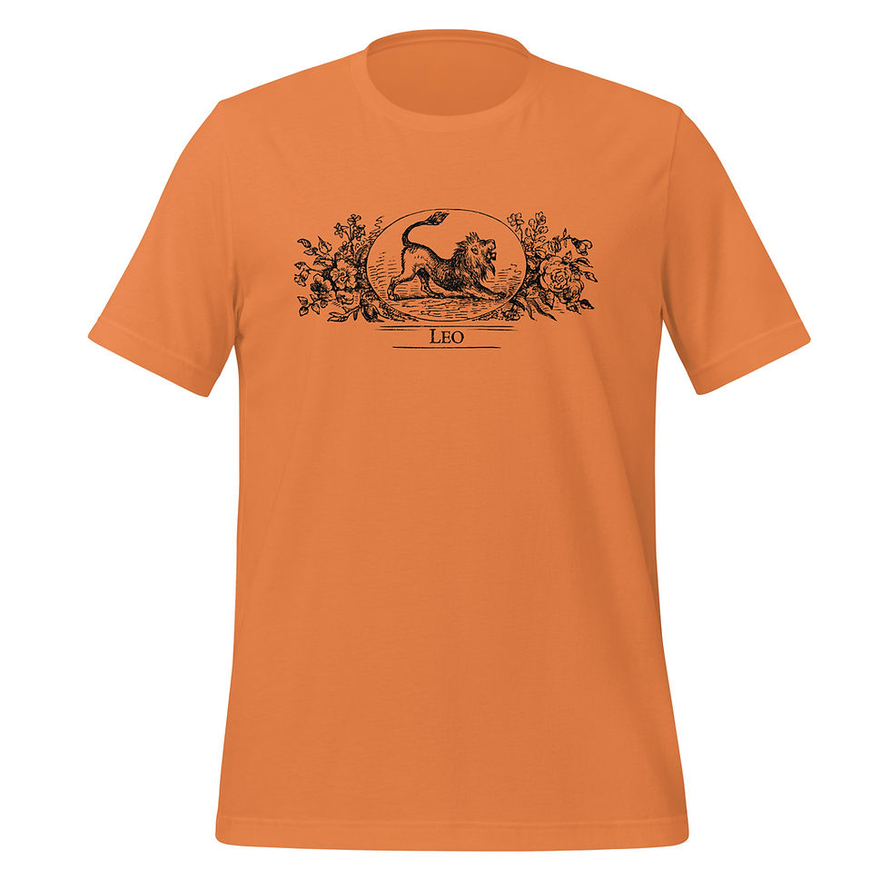Thumbnail: A burnt orange colored t-shirt featuring a wood etching of the Leo zodiac sign from the 1864 Old Farmer's Almanac.