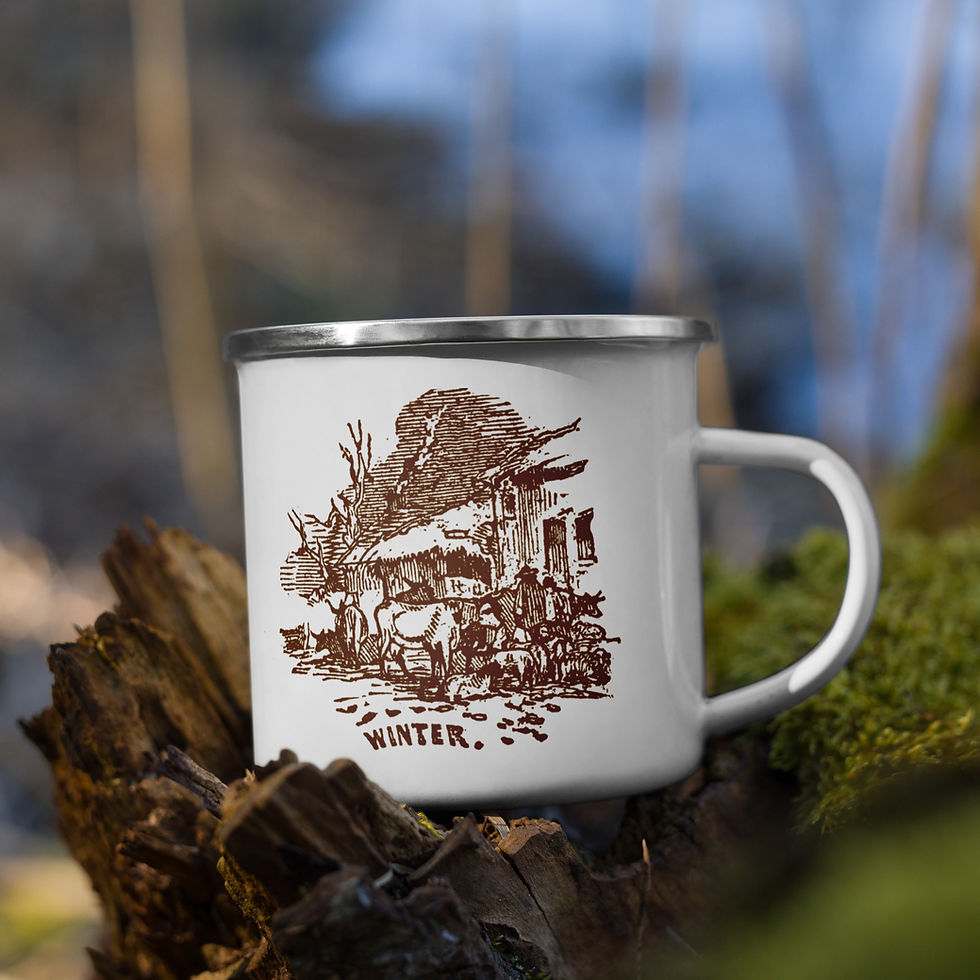 Thumbnail: White enamel mug with a wood etching of Winter, from the 1864 Old Farmer's Almanac cover.