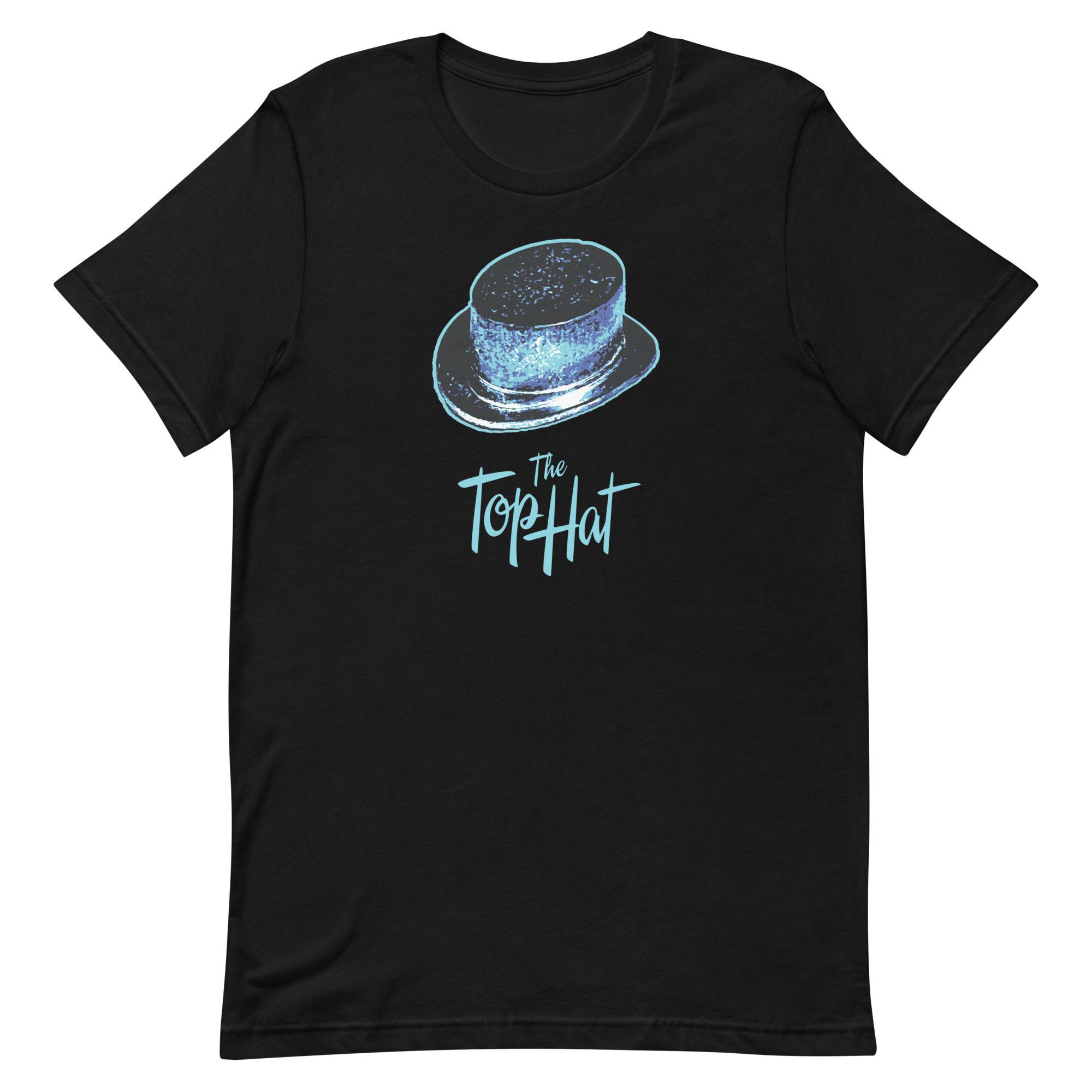 Black t-shirt featuring large blue graphic image of the Monopoly game top hat token, underneath it reads The Top Hat.