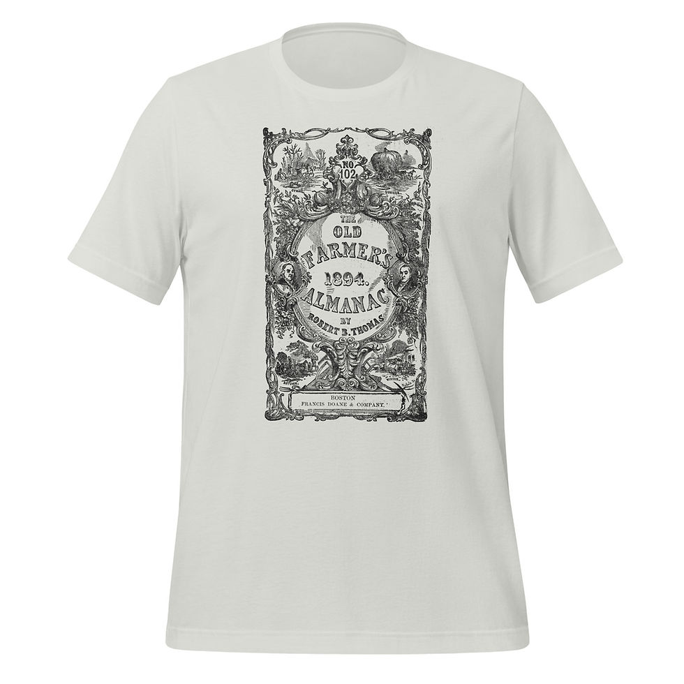 Thumbnail: Grey t-shirt with the original 1894 Old Farmer’s Almanac cover art in black ink. For people who love nostalgia or farming.