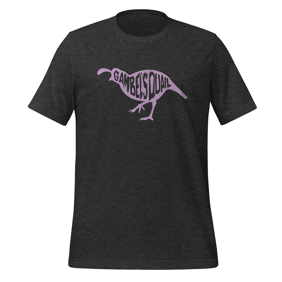 Thumbnail: Dark grey shirt displaying a purple silhouette of a Gambel's Quail, with stylized text identifying the bird species.