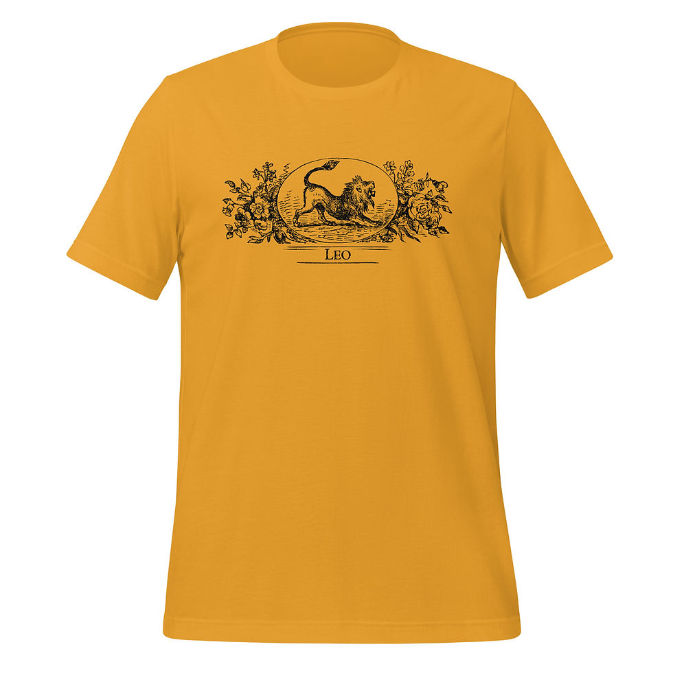 Thumbnail: A mustard colored t-shirt featuring a wood etching of the Leo zodiac sign from the 1864 Old Farmer's Almanac.
