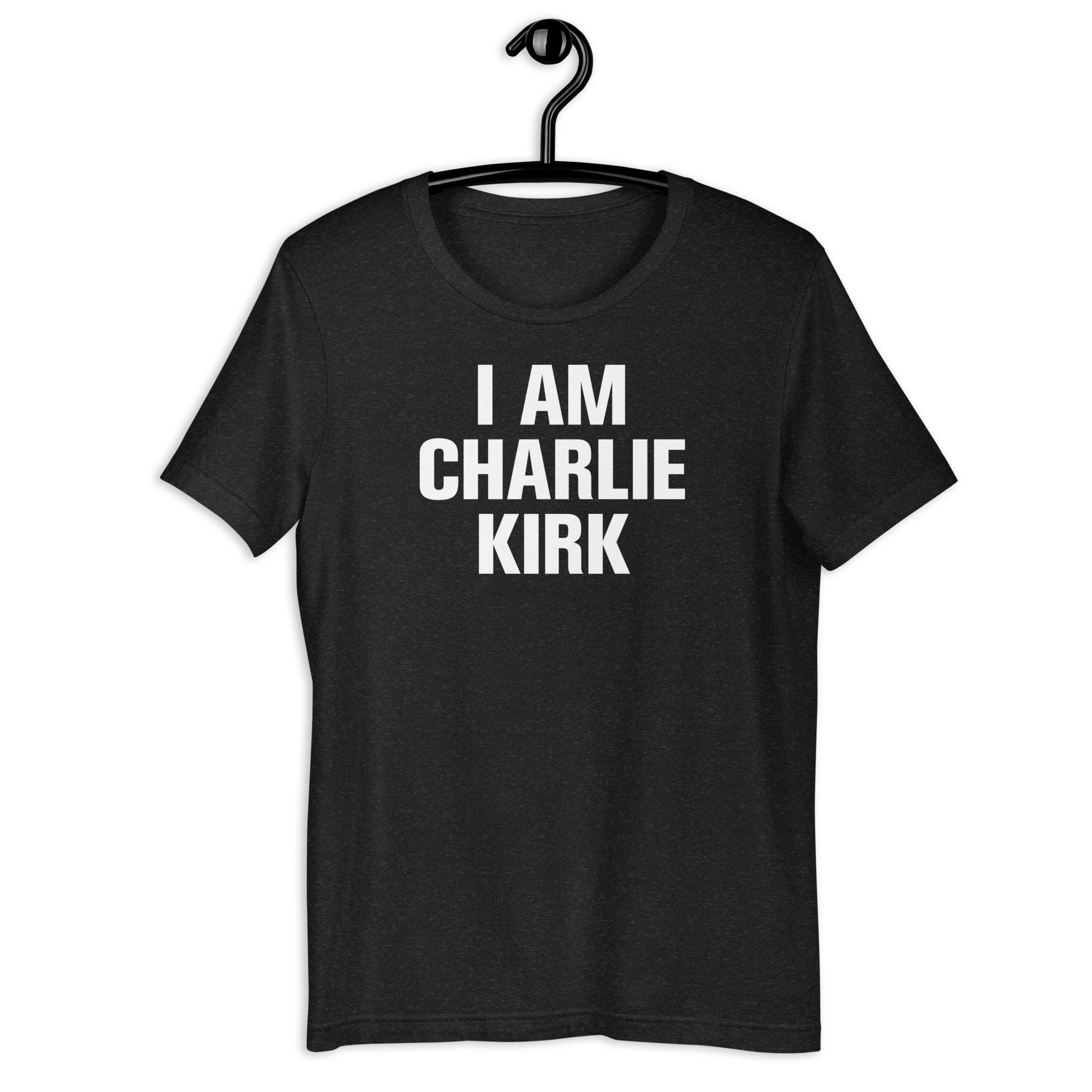 Classic black t-shirt displaying 'I AM CHARLIE KIRK', a straightforward yet bold fashion choice.