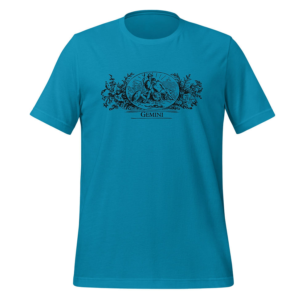 Thumbnail: An aqua colored t-shirt featuring a wood etching of the Gemini zodiac sign from the 1864 Old Farmer's Almanac.