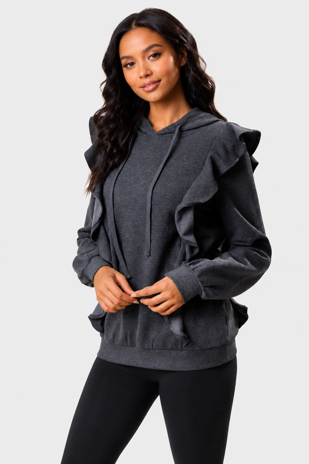 Doe and Ray Hoodie Ruffle Pull-over, color charcoal grey