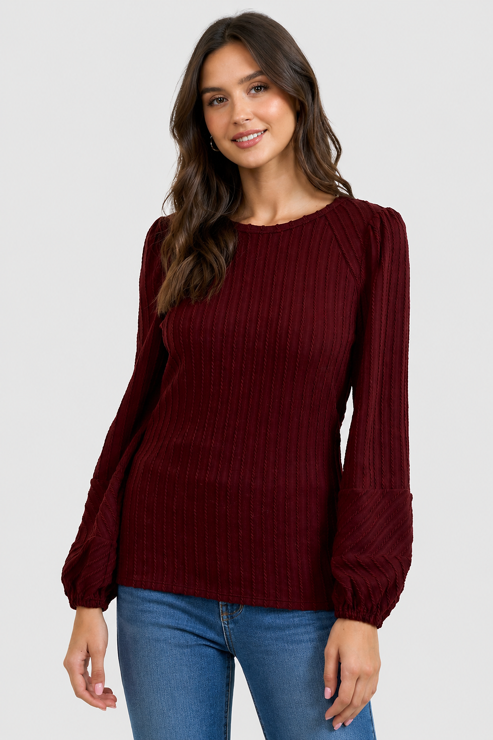 Doe and Rae Round Neck Bubble Long Sleeve Textured Knit Top, color burgundy