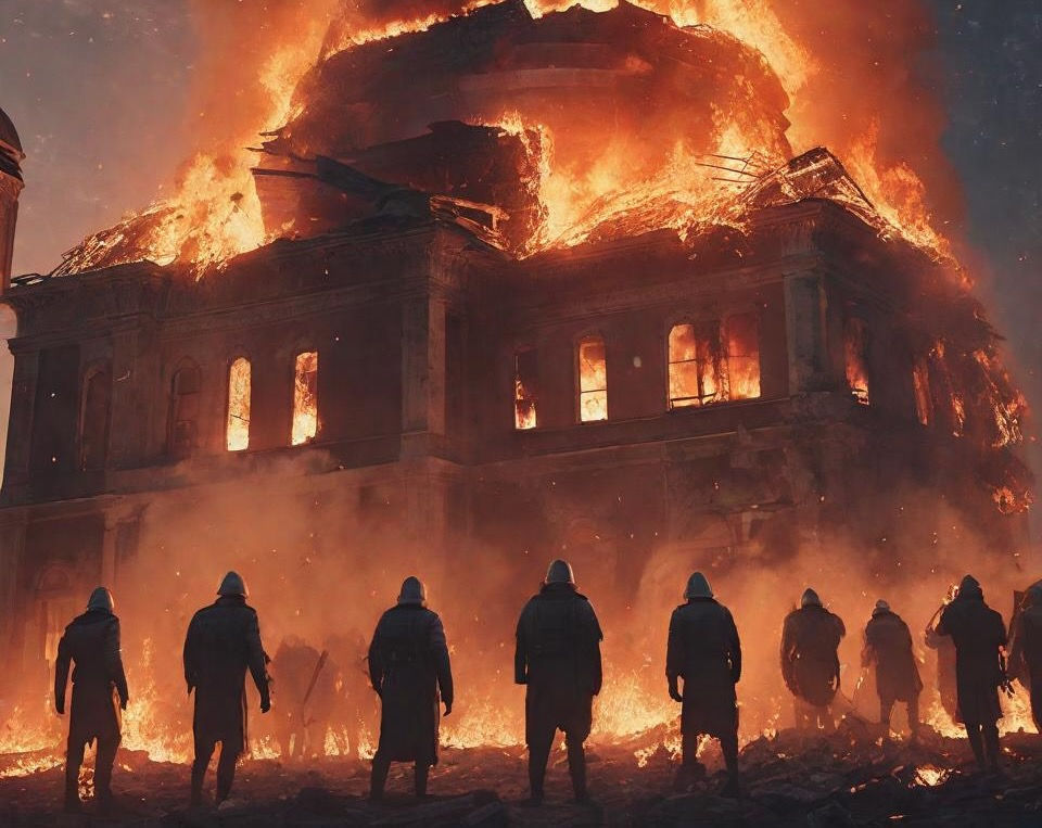 Rioters at night facing a building they have set on fire