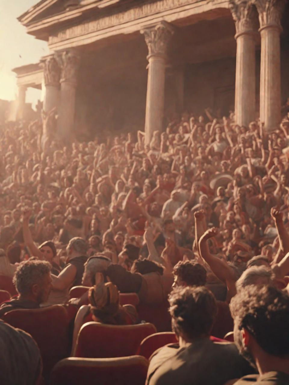 A theater audience raising fists in anger