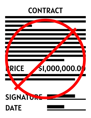 A picture of a vaguely-worded contract with a big red crossed-out circle over it.