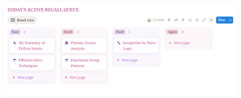 Free Notion Learning Tracker with spaced repetition queue — showing daily review schedule based on recall ratings.