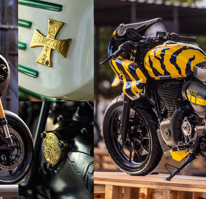 Composition de différentes vues de motos personnalisées par Hedgehog Motorcycles avec un focus sur la HNTR 350 jaune et noire