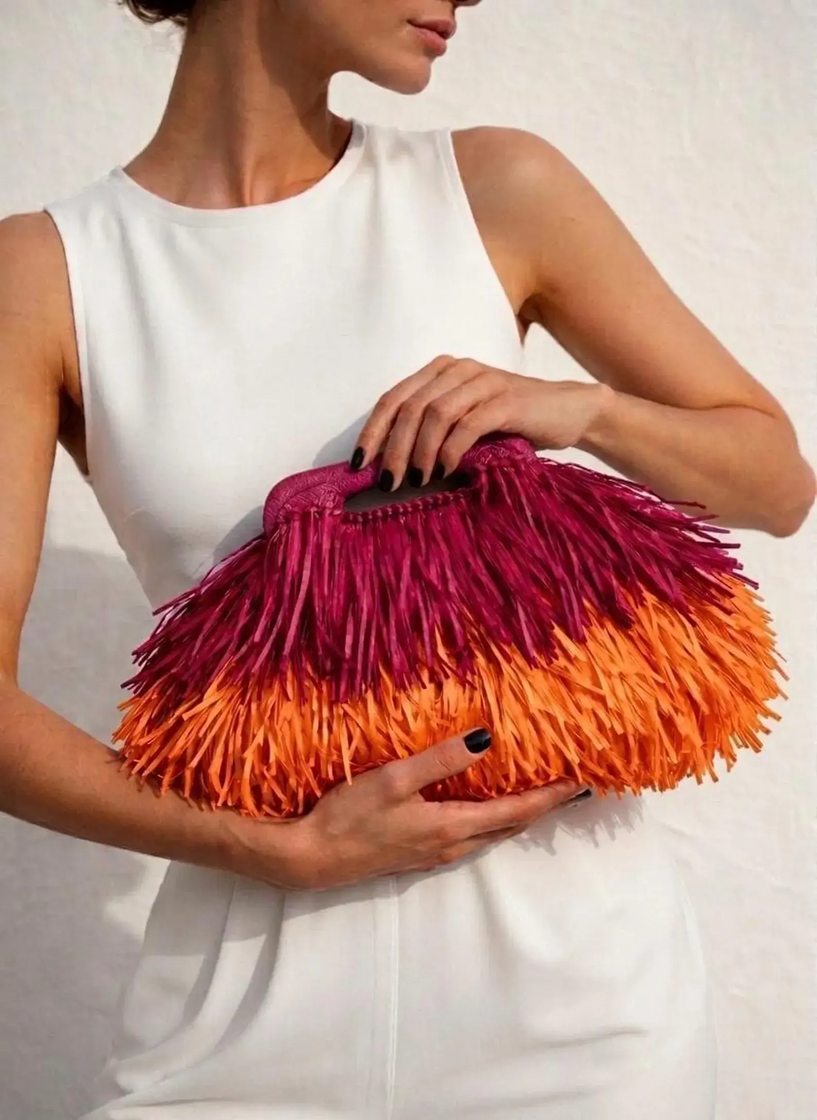 Turuncu Fuşya Fringe Raffia Çanta