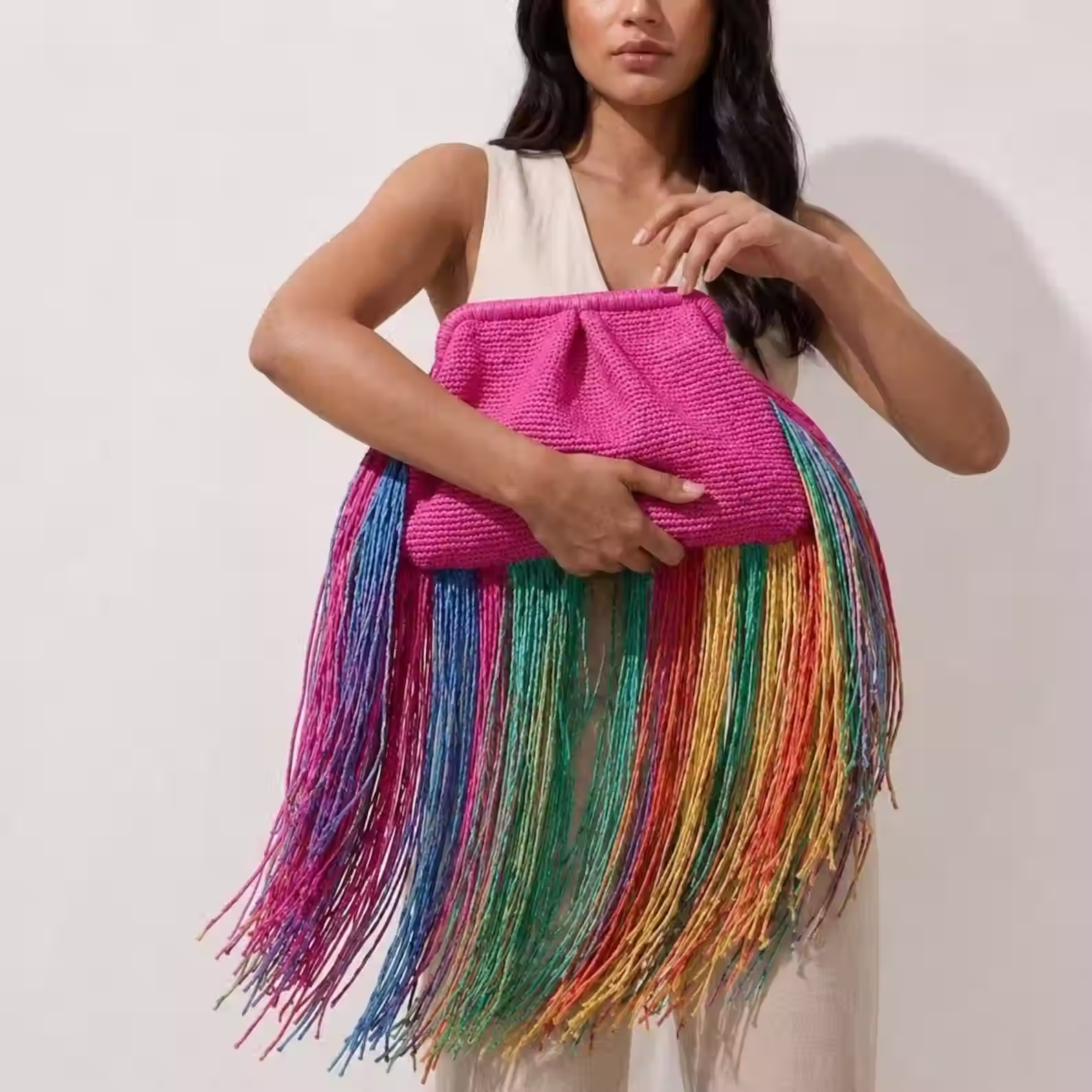 Fuşya Renkli Püsküllü Clutch