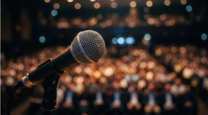 Photo of a microphone in a blurry public background