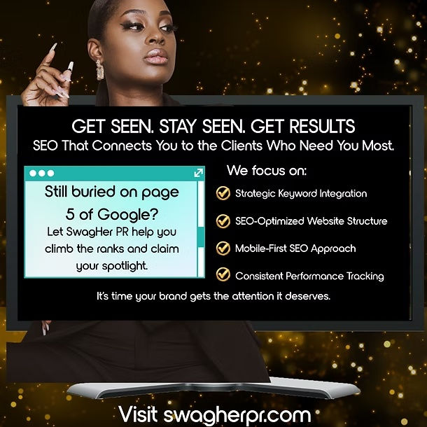 SwagHer PR SEO services promo graphic featuring a focused Black businesswoman working on a laptop.