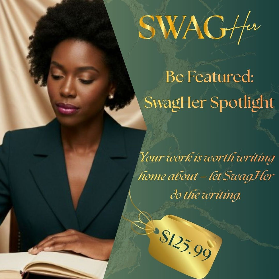 SwagHer Spotlight promo graphic priced at $125.99, featuring a Black woman in a green blazer reading a book.