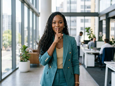 A professional Black woman entrepreneur in a teal pantsuit holding a finger to her lips in a "shh" gesture, standing in a bright, modern open-plan office.