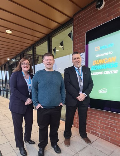 Councillor Simon Phipps (centre) with Rita Pearce from Dudley Council's leisure services (left) and Kevin Levack, centre manager (right)