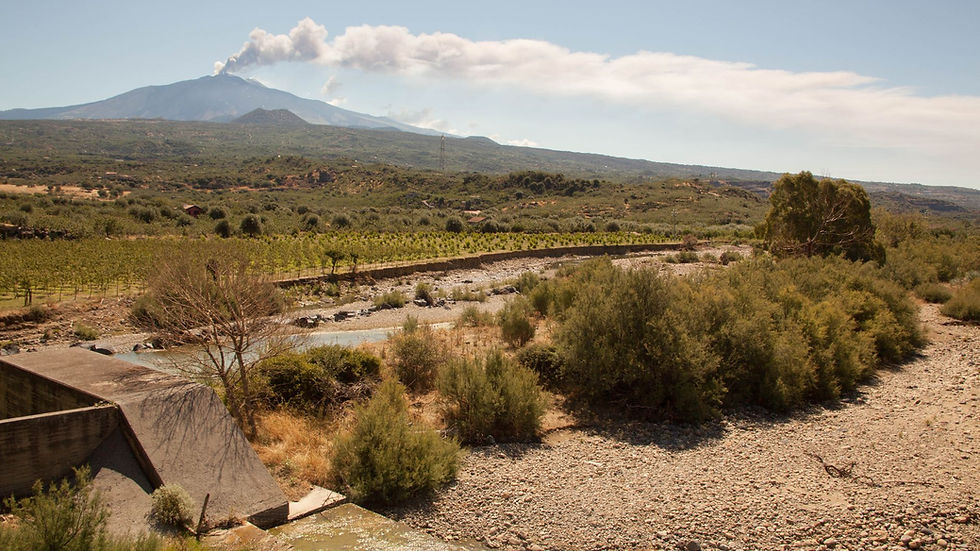Beautiful landscape view of Mount Etna with surrounding greenery and a river under a clear blue sky.