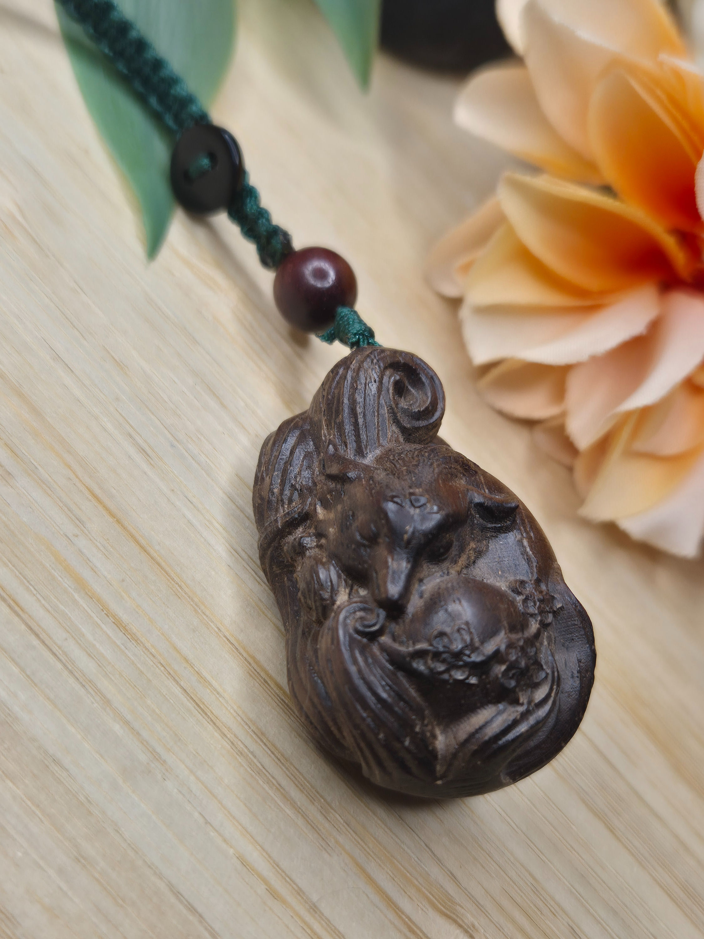 Sleepy Ninetail Fox Wooden Talisman Phone Chain