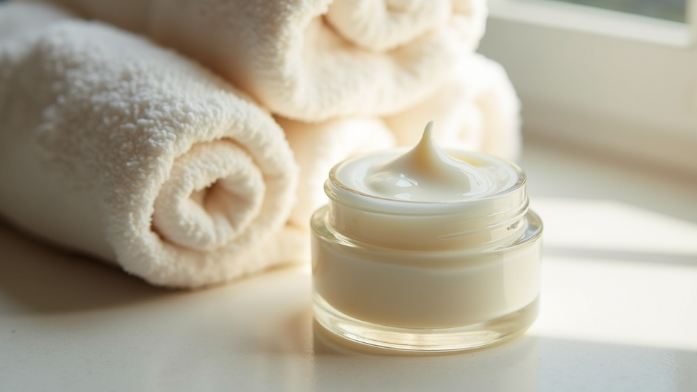 Close-up view of a jar of moisturiser and a soft towel