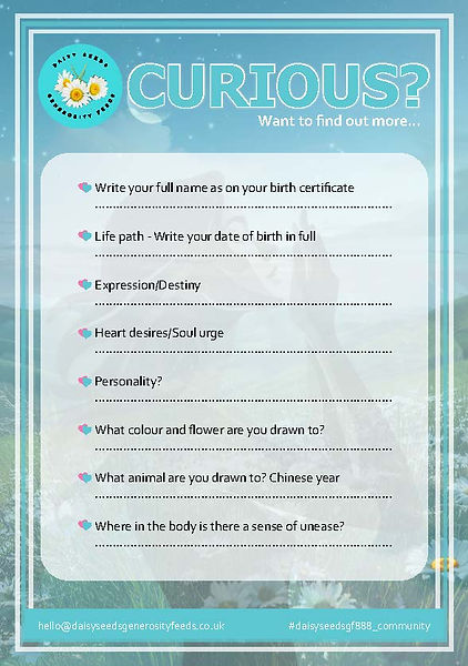 Front of an A5 Flyer with the heading Curiosity and written questions. Also features images of clouds and daisies in a field.