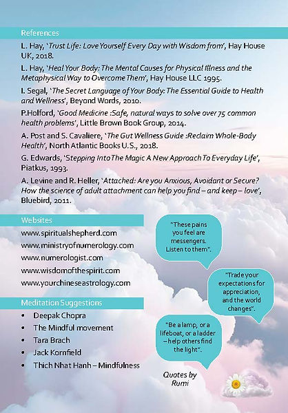 Back of an A5 flyer with a clouds background in pastel colours and lists of references with a daisy on a cloud at the bottom