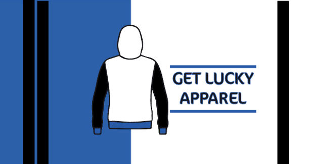Close up of the final business card design for Get Lucky Apparel. Hoodie with writing at the side.