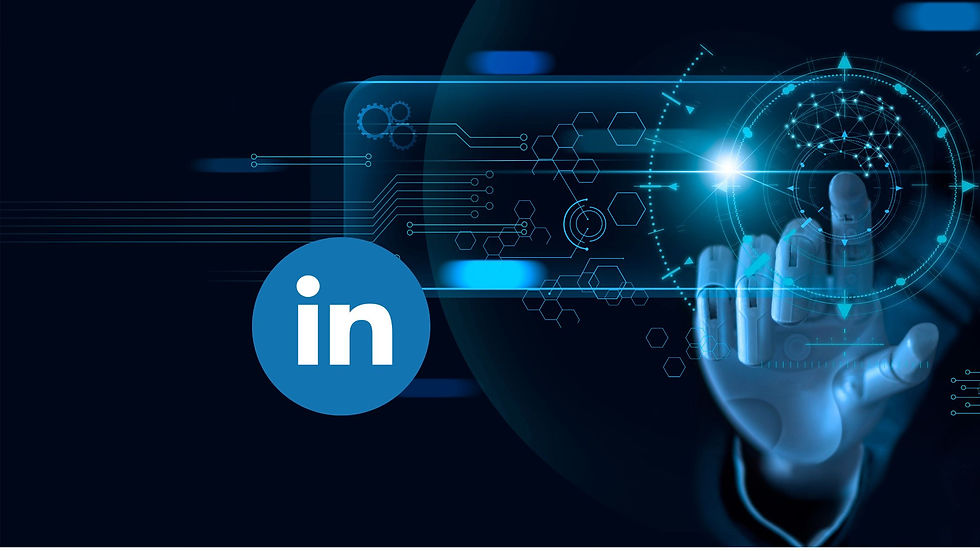 Robot hand interacts with digital interface, featuring blue tech graphics and the LinkedIn logo in a futuristic, high-tech setting.
