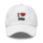 I Love Me Hat Embroidered Hat White Adjustable Strap Antique Buckle Front View Logo Front Center