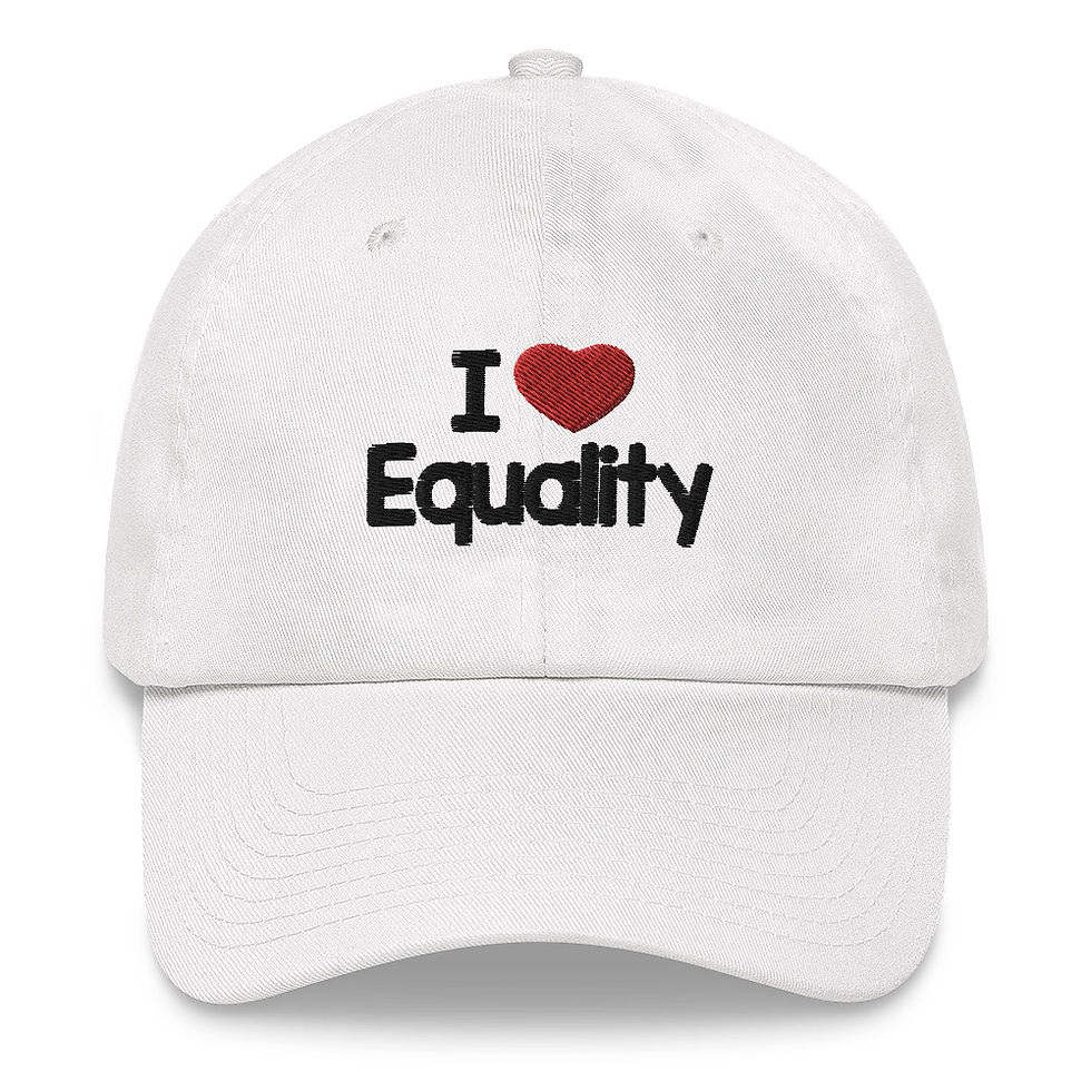 I Love Equality Hat Embroidered Hat White Adjustable Strap Antique Buckle Front View Logo Front Center