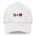 Peace & Love Hat White Embroidered Gold Hand Peace Sign Black "&" Red Heart Logo Front Center Front View