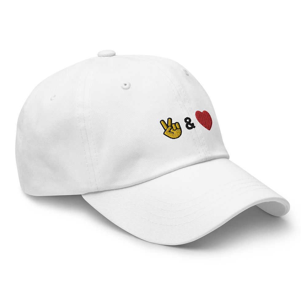 Thumbnail: Peace & Love Hat White Embroidered Gold Hand Peace Sign Black "&" Red Heart Logo Front Center Right View